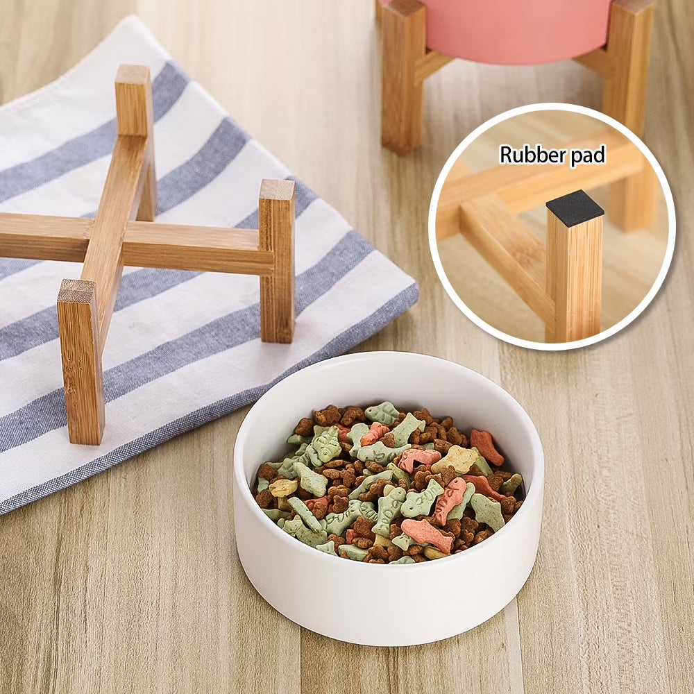 Lionwei Elevated Ceramic Cat & Dog Bowl with Non-Slip Wooden Stand for Pets, Solid