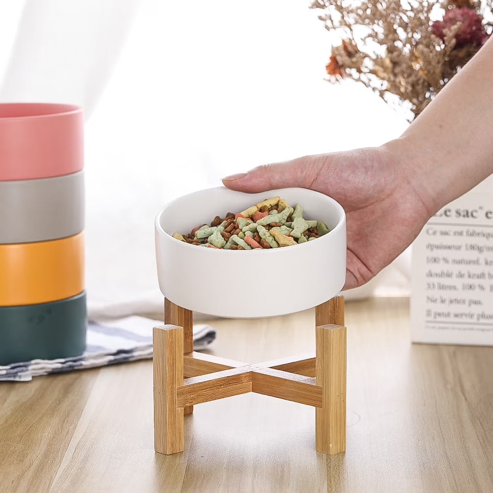 Lionwei Elevated Ceramic Cat & Dog Bowl with Non-Slip Wooden Stand for Pets, Solid