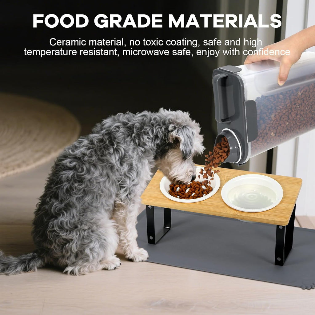 Upgraded Adjustable Height Cat Food Bowls Stand Ceramic Dog Bowls and Slow Feeder Cat Bowl, 15°Tilted Stand anti Vomiting Raised for Small and Medium Sized Cats Dogs (White)