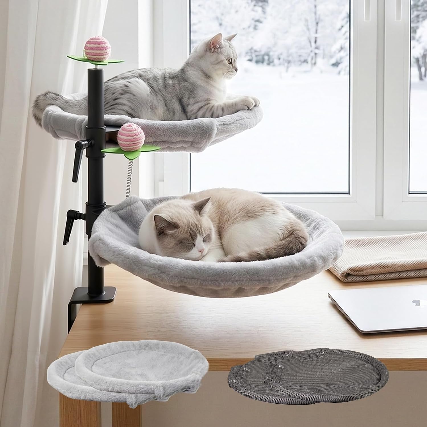 Double Cat Desk Bed, 360° Rotating & Adjustable Desk Mount with Soft Faux Fur & Breathable Mesh Accessories, Ergonomic Cat Perch for Remote Workers,Gamers, and Office Staff - Supports up to 44 Lbs