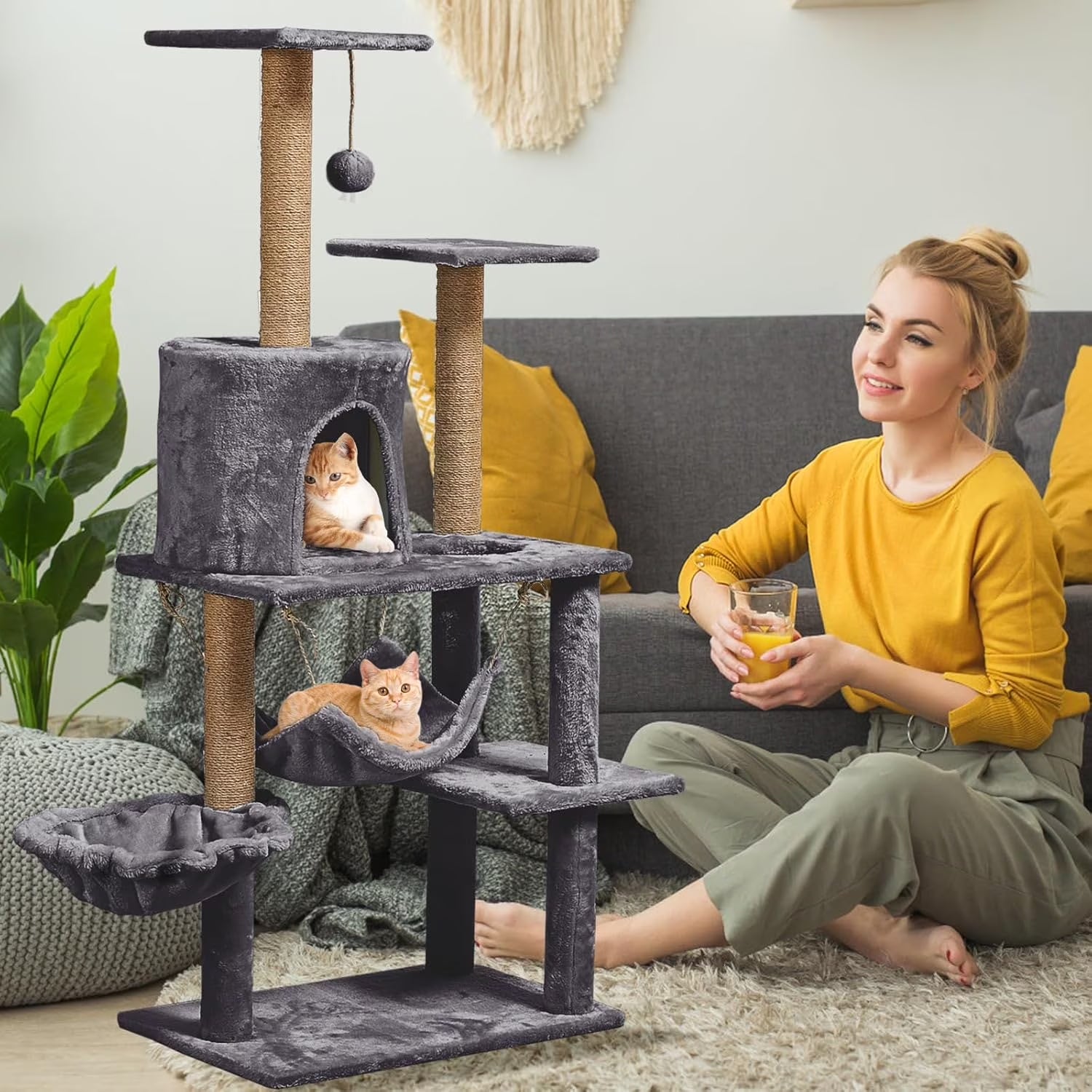 52In Cat Tree Multilevel Cat Tower with Condo and Hommock for Indoor,Gray