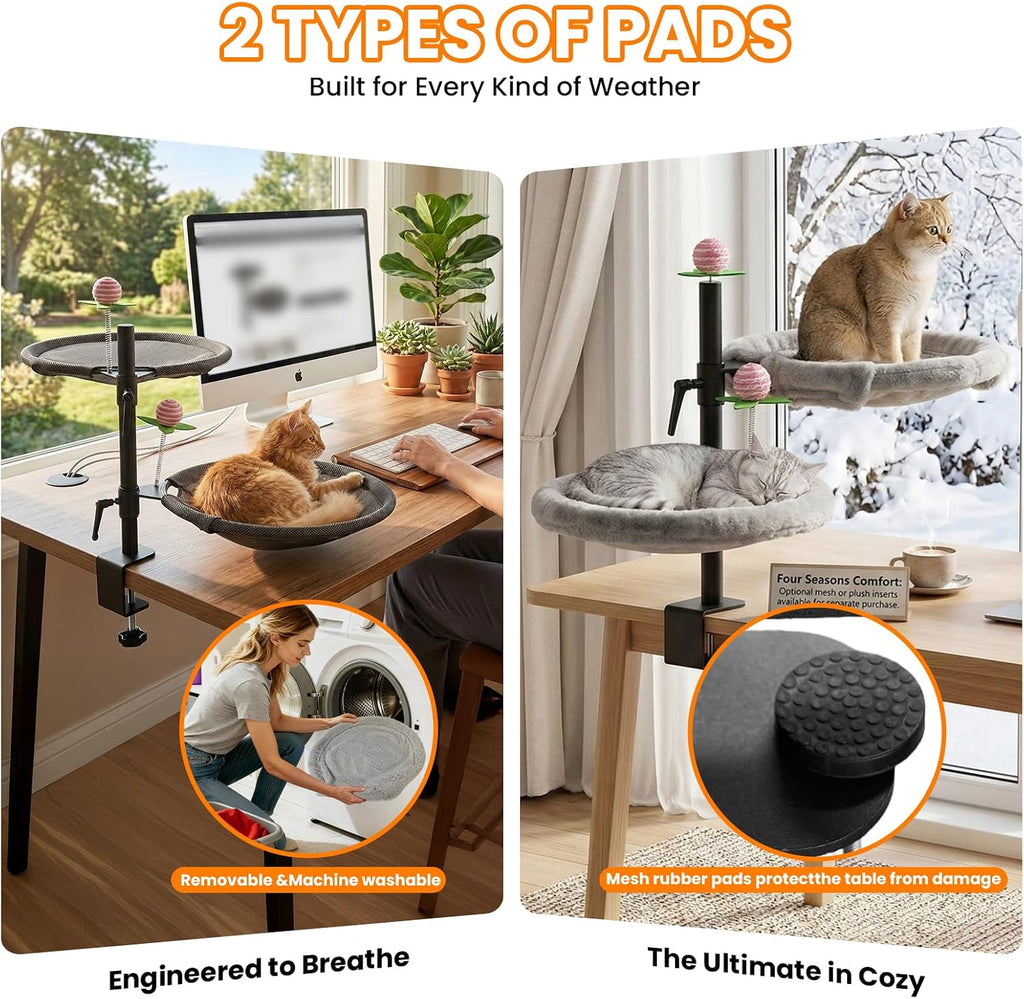 Double Cat Desk Bed, 360° Rotating & Adjustable Desk Mount with Soft Faux Fur & Breathable Mesh Accessories, Ergonomic Cat Perch for Remote Workers,Gamers, and Office Staff - Supports up to 44 Lbs