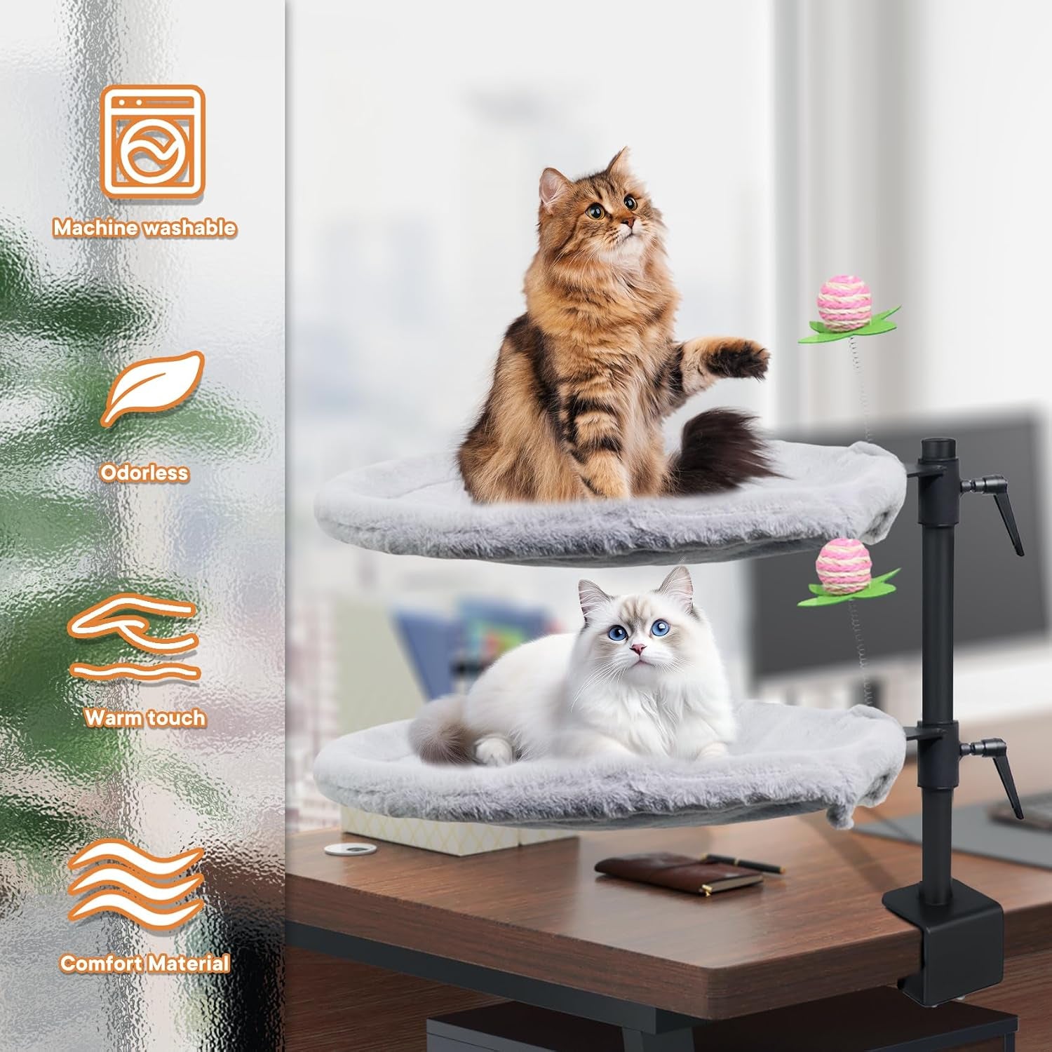Double Cat Desk Bed, 360° Rotating & Adjustable Desk Mount with Soft Faux Fur & Breathable Mesh Accessories, Ergonomic Cat Perch for Remote Workers,Gamers, and Office Staff - Supports up to 44 Lbs