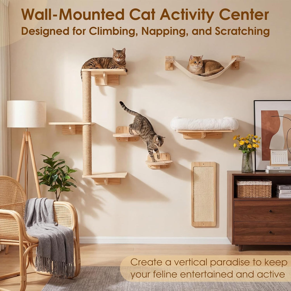 6-In-1 Cat Wall Shelves for Large Cats, Wall Mounted Climber with Hammock | Wall-Mounted Cat Activity Center with Hammock and Steps. Saves Space While Providing Climbing, Scratching and Resting Areas