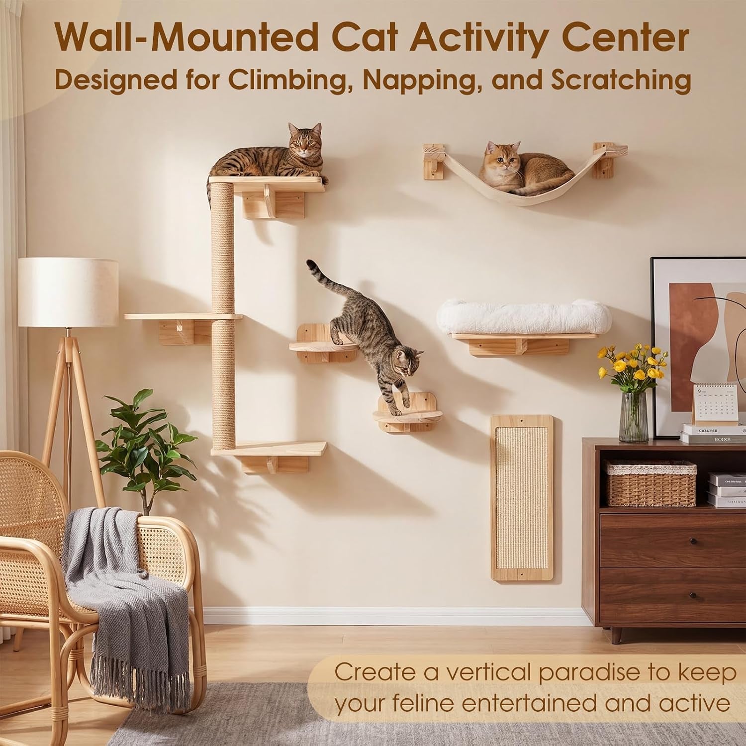 6-In-1 Cat Wall Shelves for Large Cats, Wall Mounted Climber with Hammock | Wall-Mounted Cat Activity Center with Hammock and Steps. Saves Space While Providing Climbing, Scratching and Resting Areas